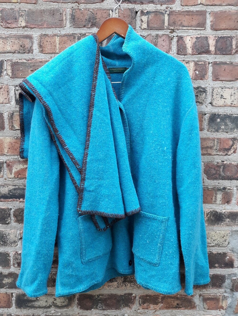 Gaeltarra Ireland Vintage Pure New Wool Cardigan Sweater Coat With Scarf Blue M